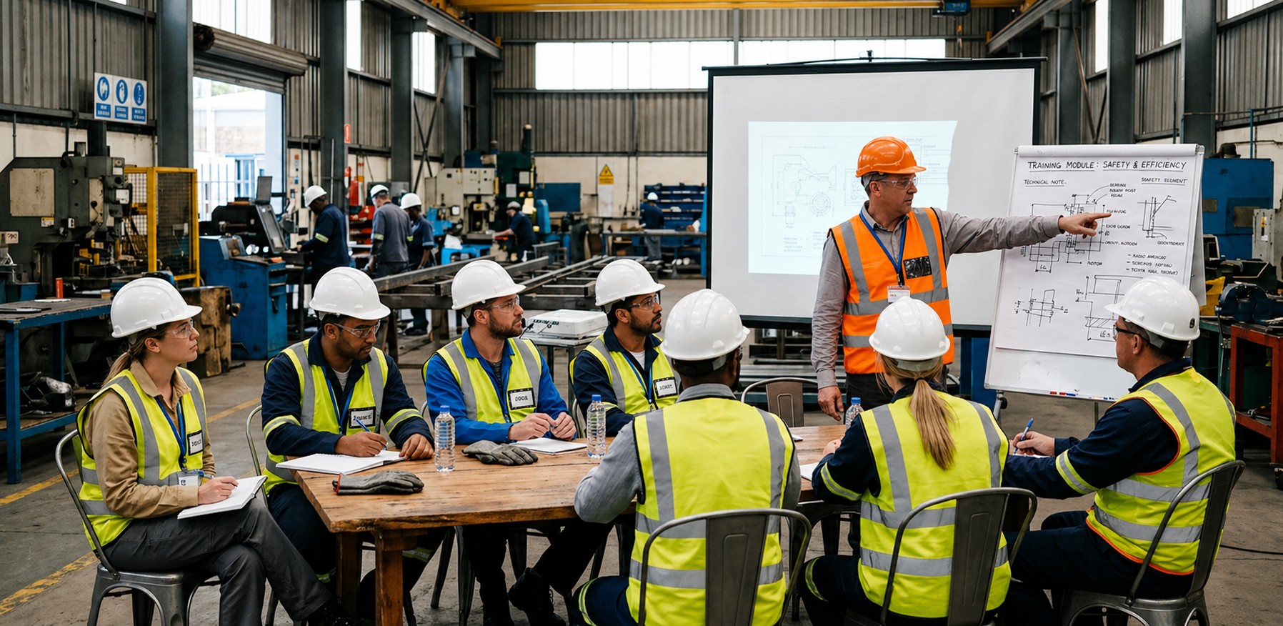 Lavoratori in formazione sulla sicurezza sul lavoro in ambiente industriale