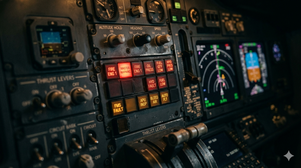 Cockpit Boeing 737 MAX con luci di allarme — rischio operativo sicurezza